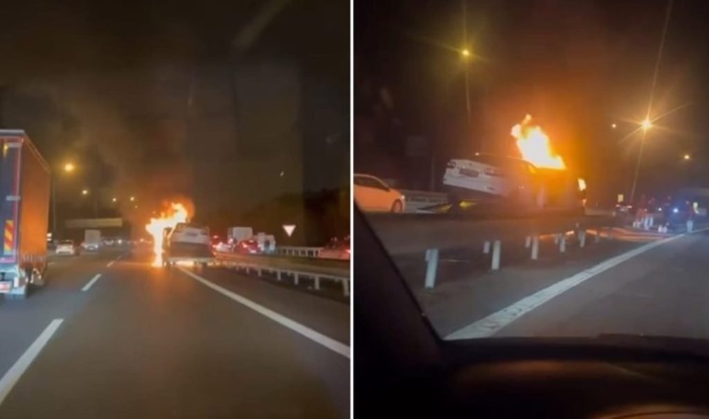 Hasarlı araç taşıyan alımlı alev alev yandı